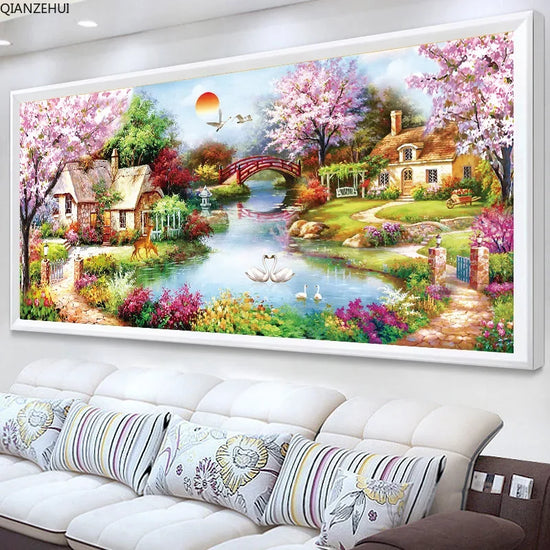 QIANZEHUI,Needlework,DIY Garden cottage, dream home landscape full embroidery Cross-stitch ,Wall Home Decro